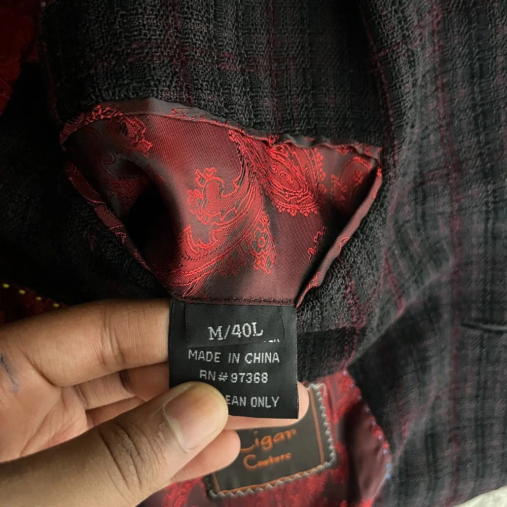 Cigar Couture Suit Mens 40L W34 Charcoal Burgundy Plaid 3-Button Textured Blazer